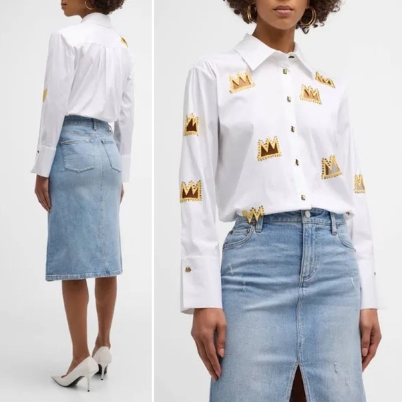 NWT Alice +Olivia X BASQUIAT Finely Embellished Cutout Button Down Size XS - Picture 1 of 10